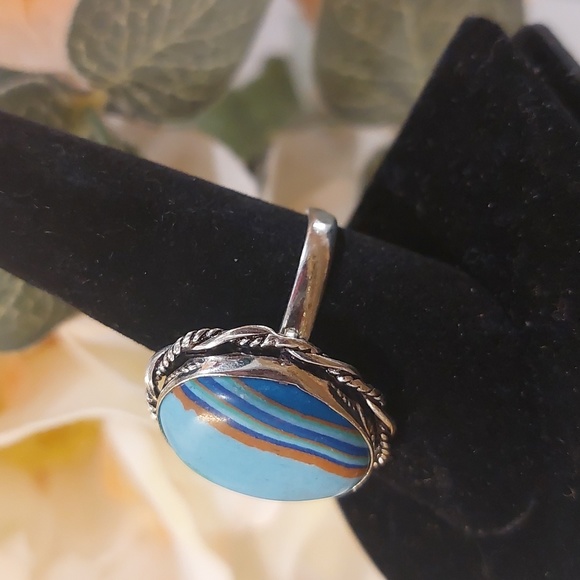 Rainbow Calsilica Stone 925 Silver Ring - Size 8 3/4 - Picture 4 of 7